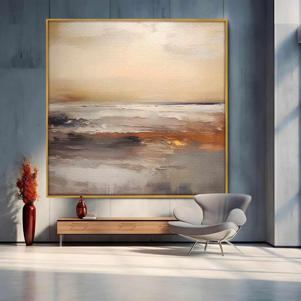 Tablou canvas cu tablou pictura abstracta cu valuri aurii, in rama de aluminiu auriu